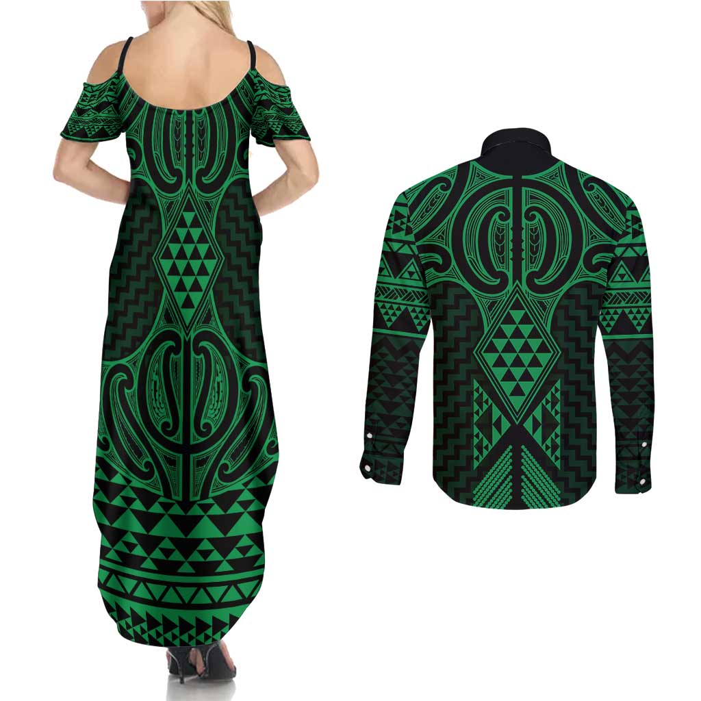 Kakariki Maori Ta Moko Poutama Art Couples Matching Summer Maxi Dress and Long Sleeve Button Shirt LT9 - Polynesian Pride