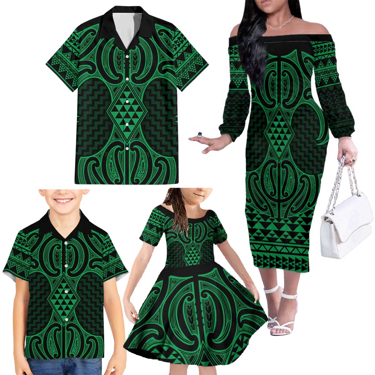 Kakariki Maori Ta Moko Poutama Art Family Matching Off The Shoulder Long Sleeve Dress and Hawaiian Shirt