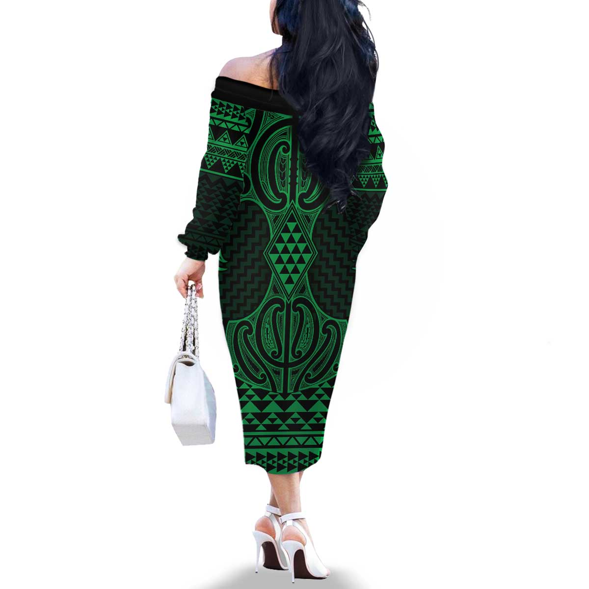 Kakariki Maori Ta Moko Poutama Art Family Matching Off The Shoulder Long Sleeve Dress and Hawaiian Shirt