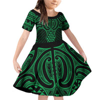 Kakariki Maori Ta Moko Poutama Art Family Matching Off Shoulder Short Dress and Hawaiian Shirt LT9 Daughter's Dress Green - Polynesian Pride