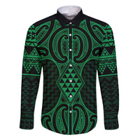Kakariki Maori Ta Moko Poutama Art Family Matching Off Shoulder Short Dress and Hawaiian Shirt LT9 Dad's Shirt - Long Sleeve Green - Polynesian Pride