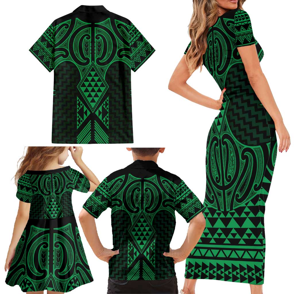 Kakariki Maori Ta Moko Poutama Art Family Matching Short Sleeve Bodycon Dress and Hawaiian Shirt LT9 - Polynesian Pride
