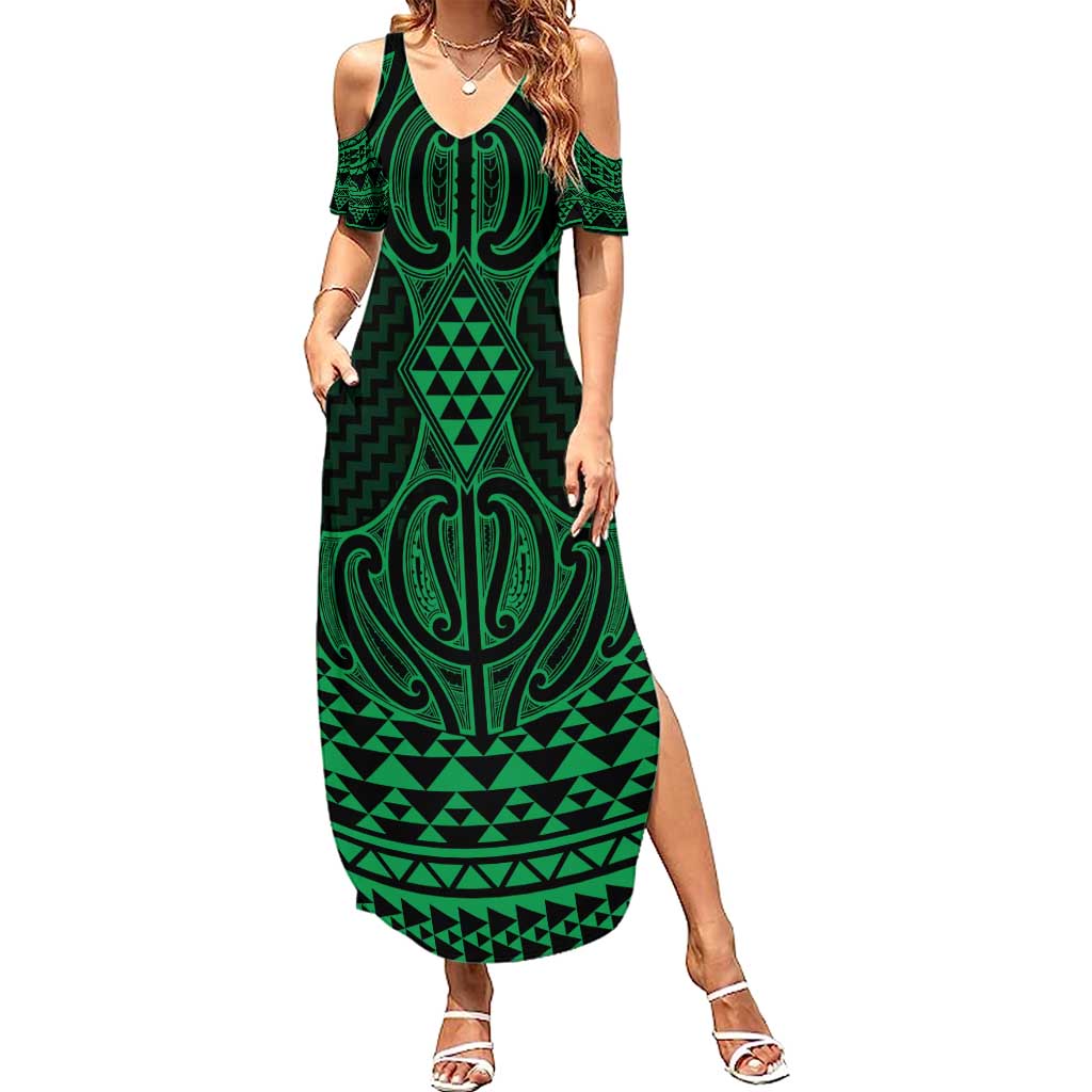 Kakariki Maori Ta Moko Poutama Art Family Matching Summer Maxi Dress and Hawaiian Shirt LT9 Mom's Dress Green - Polynesian Pride