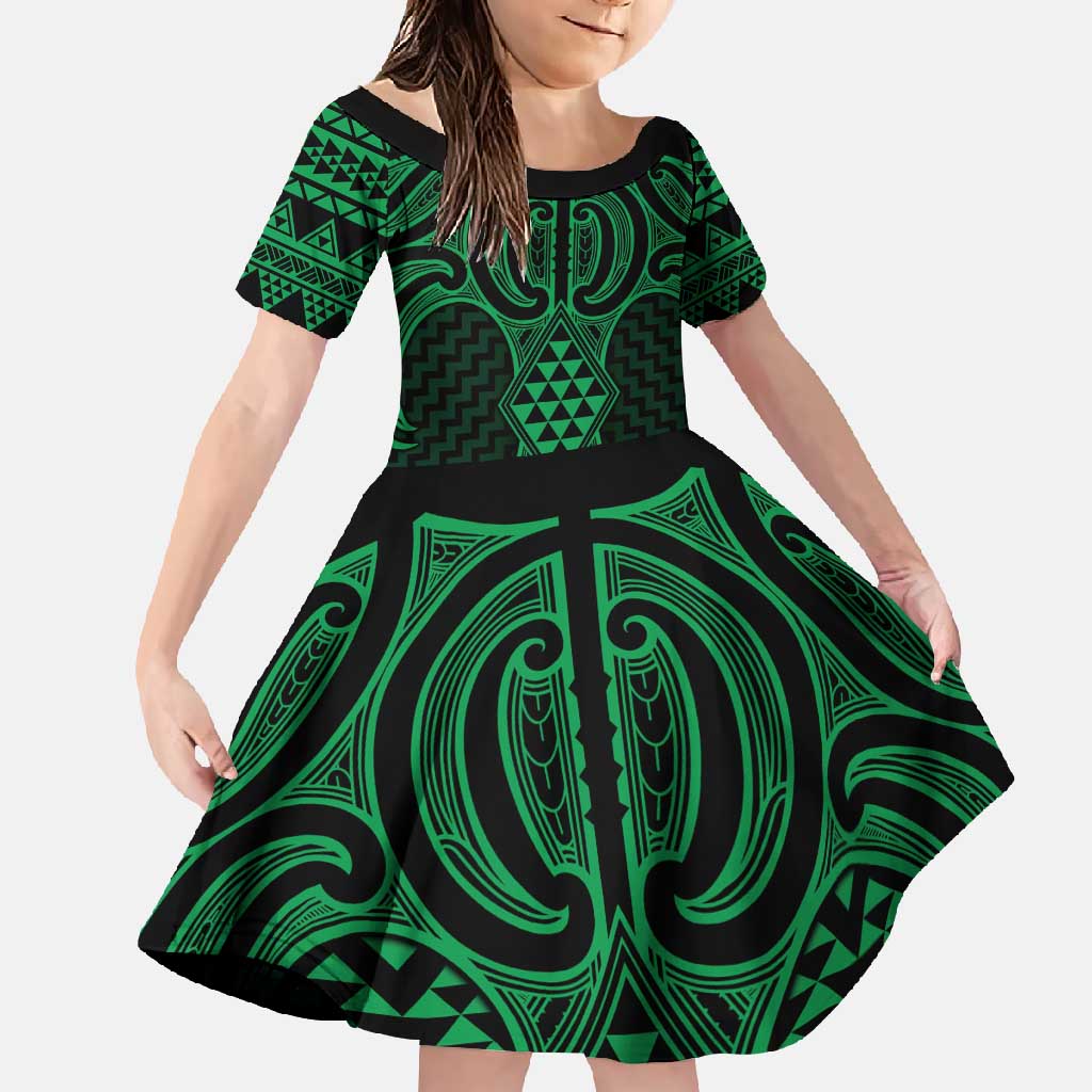 Kakariki Maori Ta Moko Poutama Art Family Matching Tank Maxi Dress and Hawaiian Shirt LT9 Daughter's Dress Green - Polynesian Pride