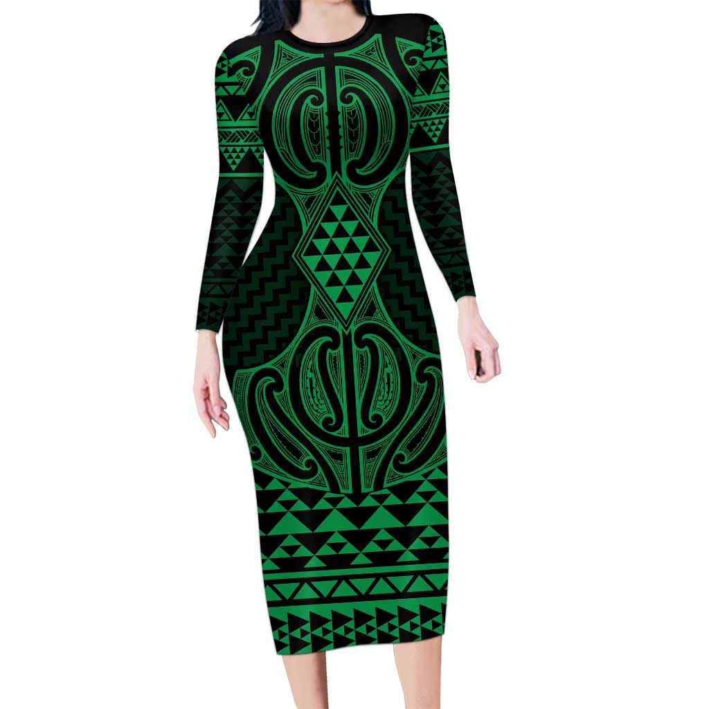 Kakariki Maori Ta Moko Poutama Art Long Sleeve Bodycon Dress