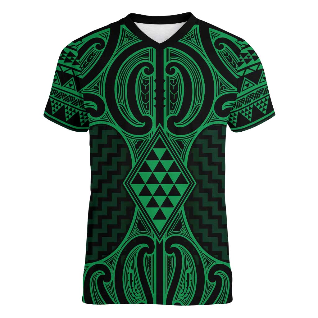 Kakariki Maori Ta Moko Poutama Art Women V-Neck T-Shirt LT9 Female Green - Polynesian Pride