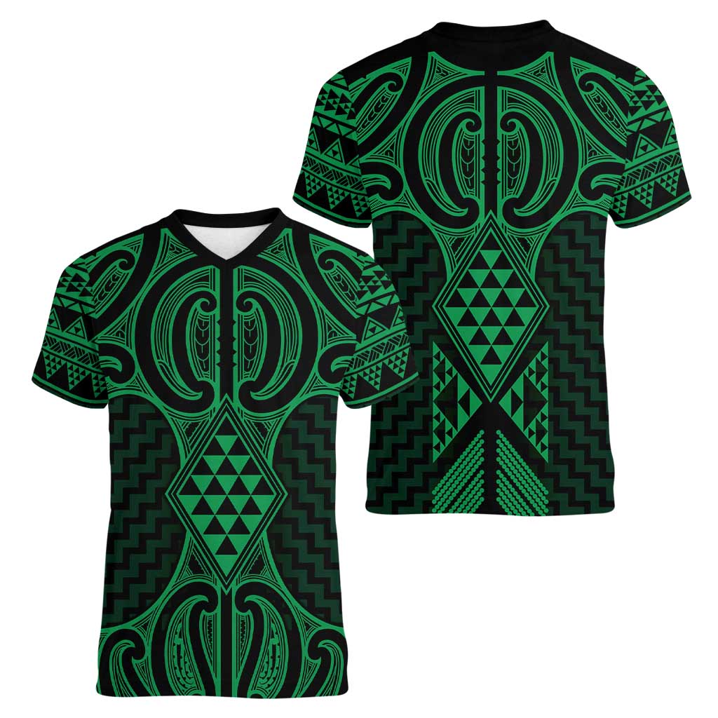 Kakariki Maori Ta Moko Poutama Art Women V-Neck T-Shirt LT9 - Polynesian Pride