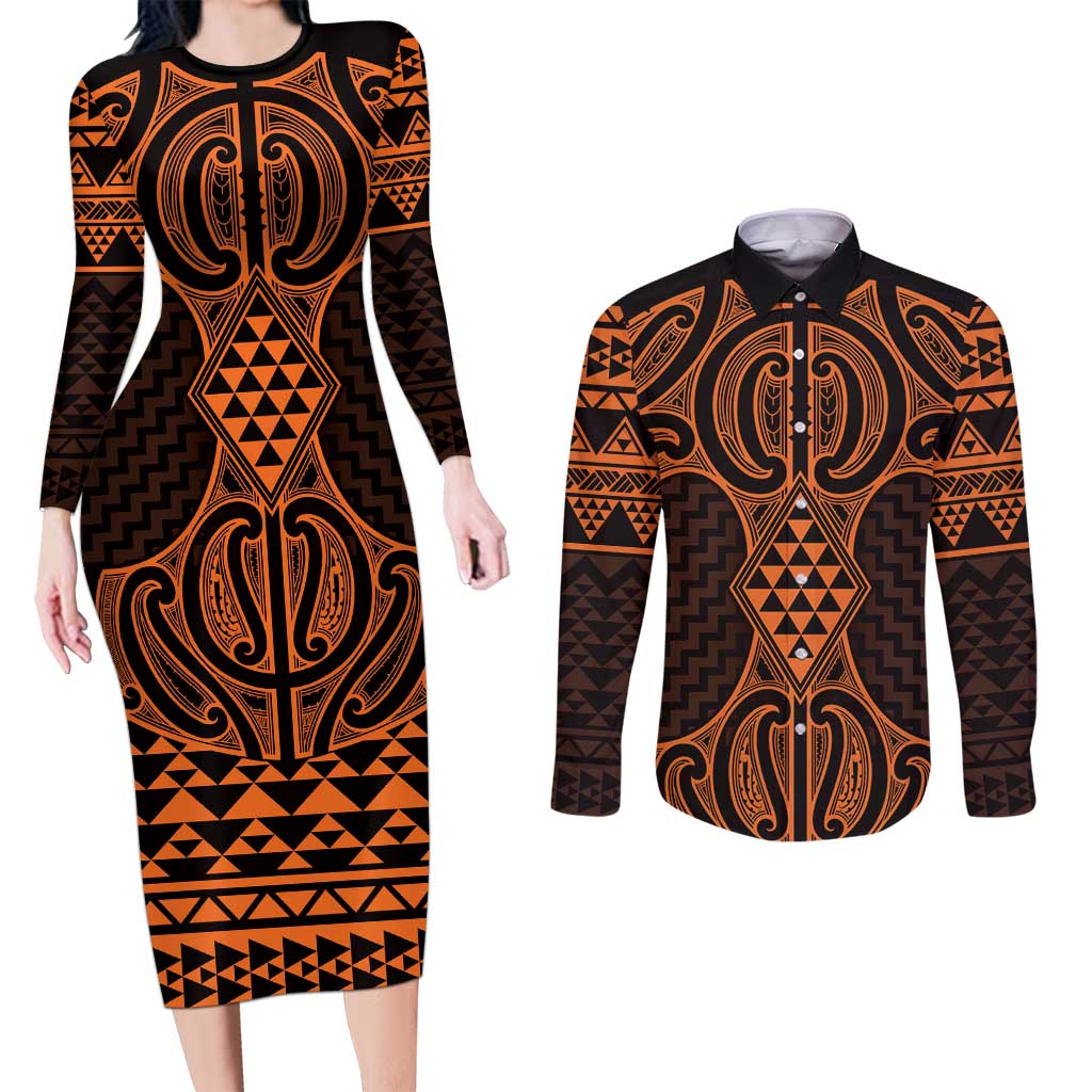 Karaka Maori Ta Moko Poutama Art Couples Matching Long Sleeve Bodycon Dress and Long Sleeve Button Shirt LT9 Gold - Polynesian Pride
