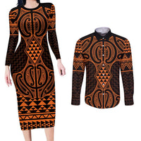 Karaka Maori Ta Moko Poutama Art Couples Matching Long Sleeve Bodycon Dress and Long Sleeve Button Shirt LT9 Gold - Polynesian Pride