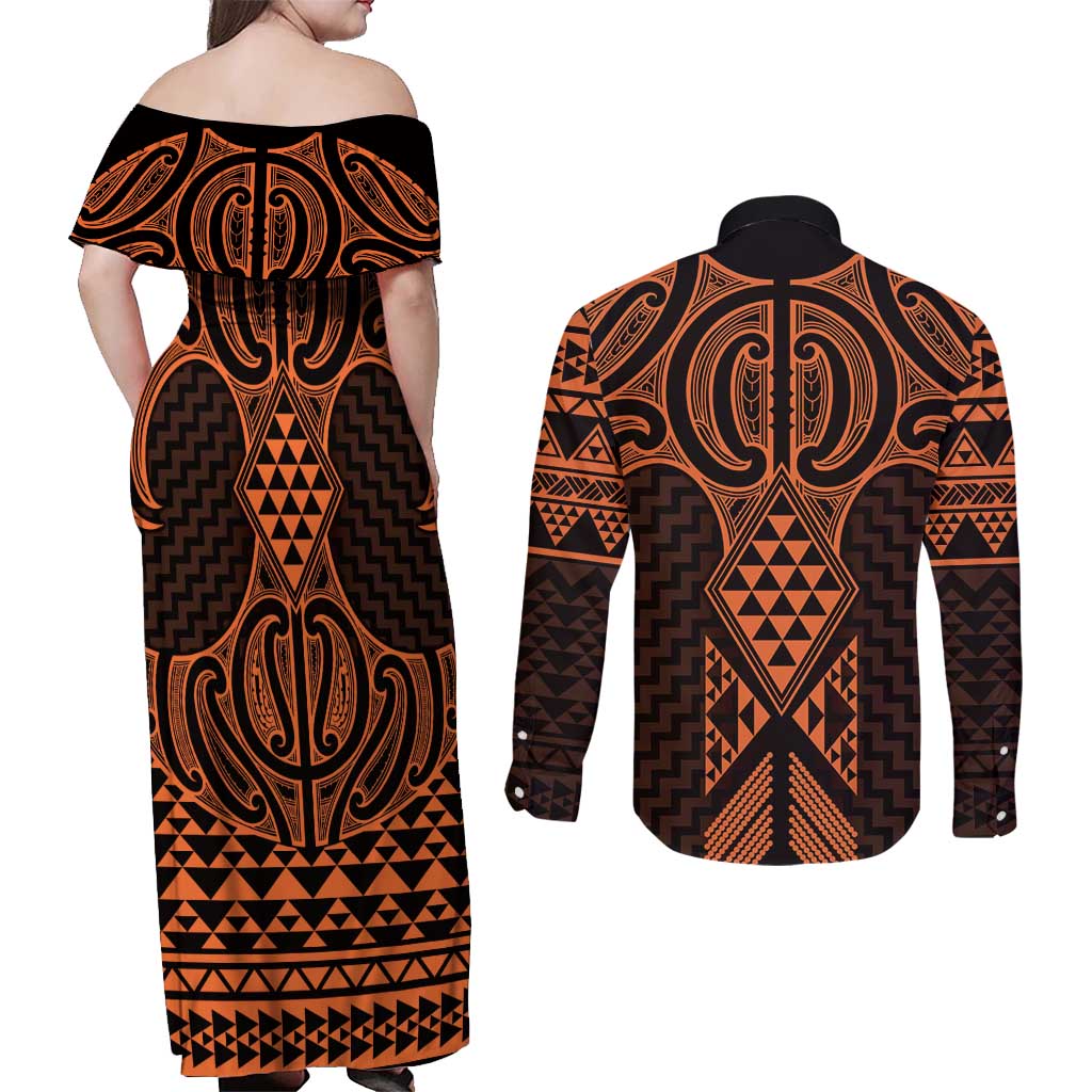 Karaka Maori Ta Moko Poutama Art Couples Matching Off Shoulder Maxi Dress and Long Sleeve Button Shirt LT9 - Polynesian Pride