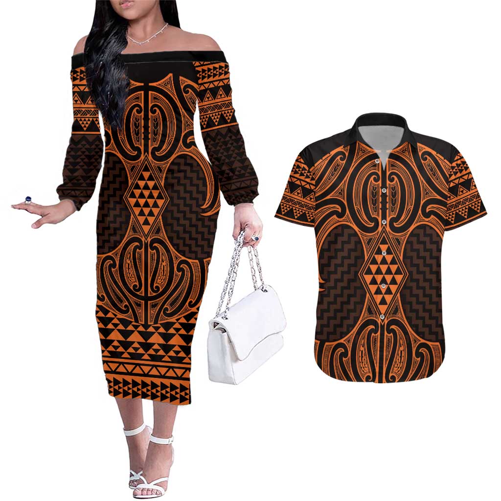 Karaka Maori Ta Moko Poutama Art Couples Matching Off The Shoulder Long Sleeve Dress and Hawaiian Shirt