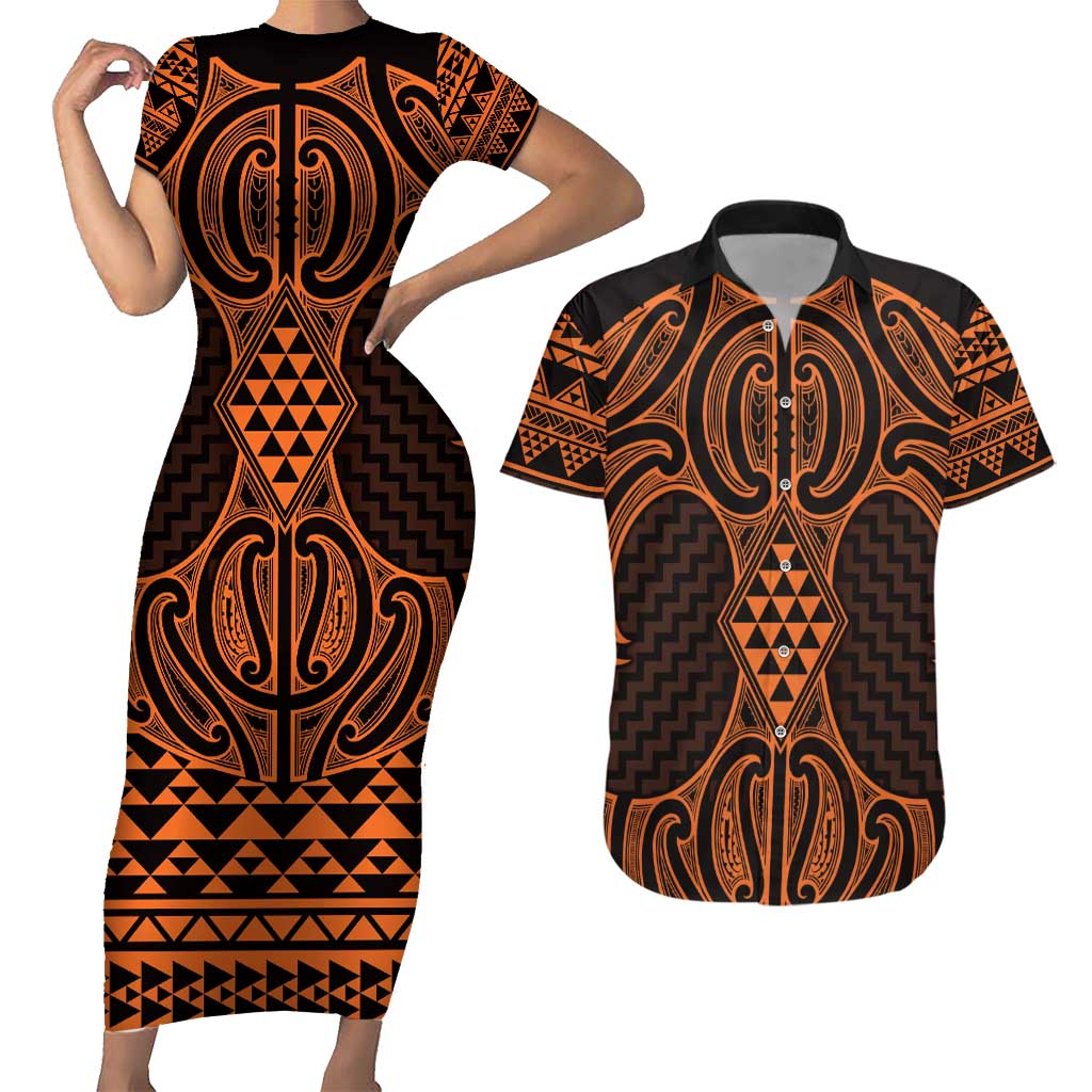 Karaka Maori Ta Moko Poutama Art Couples Matching Short Sleeve Bodycon Dress and Hawaiian Shirt LT9 Gold - Polynesian Pride
