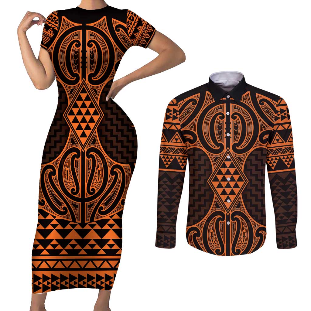 Karaka Maori Ta Moko Poutama Art Couples Matching Short Sleeve Bodycon Dress and Long Sleeve Button Shirt LT9 Gold - Polynesian Pride