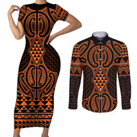 Karaka Maori Ta Moko Poutama Art Couples Matching Short Sleeve Bodycon Dress and Long Sleeve Button Shirt LT9 Gold - Polynesian Pride