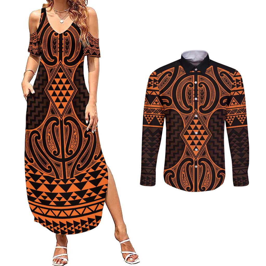Karaka Maori Ta Moko Poutama Art Couples Matching Summer Maxi Dress and Long Sleeve Button Shirt LT9 Gold - Polynesian Pride