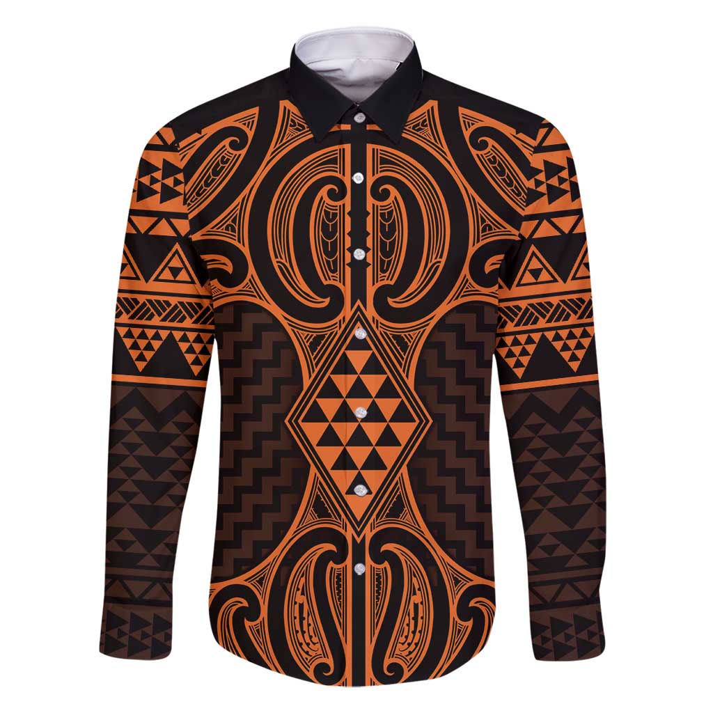 Karaka Maori Ta Moko Poutama Art Family Matching Mermaid Dress and Hawaiian Shirt LT9 Dad's Shirt - Long Sleeve Gold - Polynesian Pride