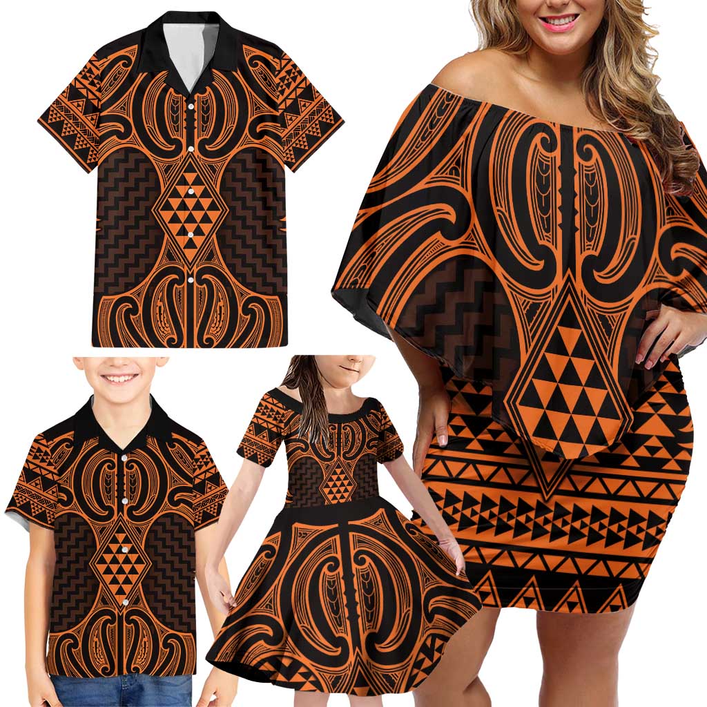Karaka Maori Ta Moko Poutama Art Family Matching Off Shoulder Short Dress and Hawaiian Shirt