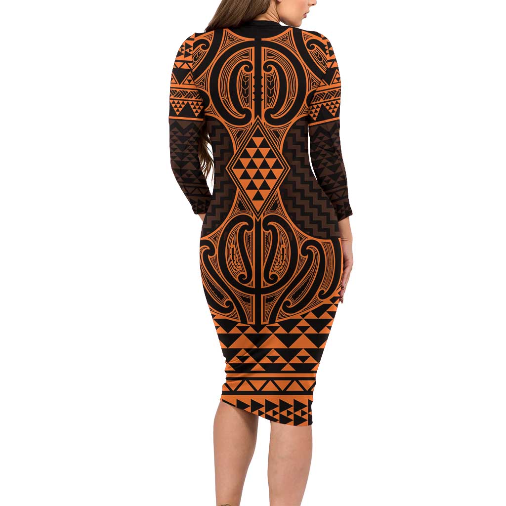 Karaka Maori Ta Moko Poutama Art Long Sleeve Bodycon Dress