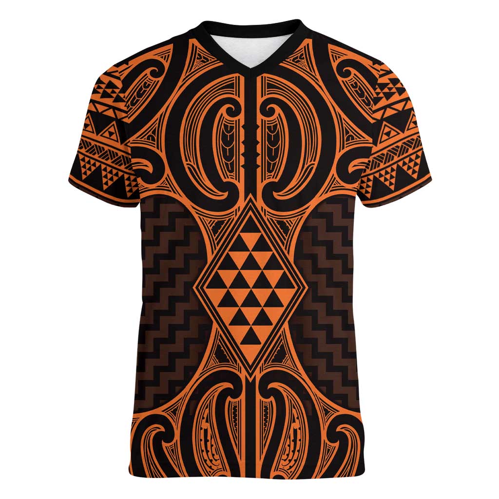 Karaka Maori Ta Moko Poutama Art Women V-Neck T-Shirt LT9 Female Gold - Polynesian Pride