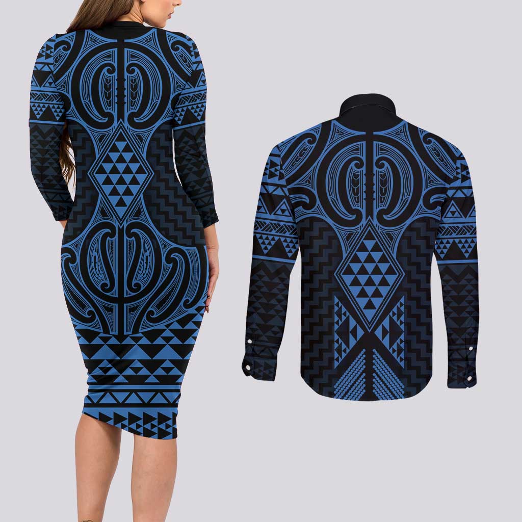 Kikorangi Maori Ta Moko Poutama Art Couples Matching Long Sleeve Bodycon Dress and Long Sleeve Button Shirt LT9 - Polynesian Pride