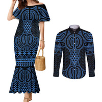 Kikorangi Maori Ta Moko Poutama Art Couples Matching Mermaid Dress and Long Sleeve Button Shirt LT9 Blue - Polynesian Pride