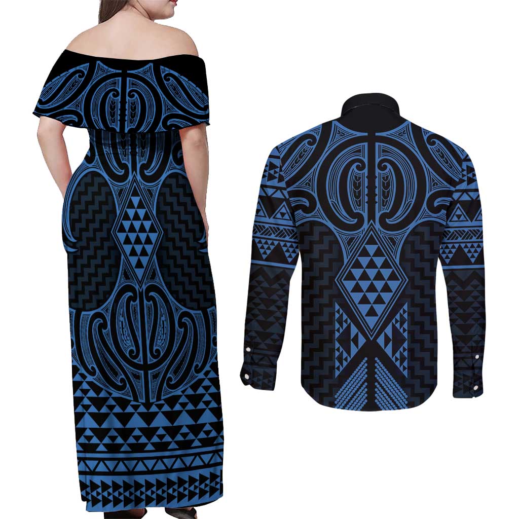 Kikorangi Maori Ta Moko Poutama Art Couples Matching Off Shoulder Maxi Dress and Long Sleeve Button Shirt LT9 - Polynesian Pride
