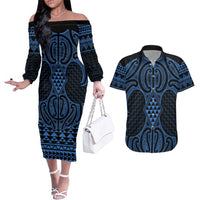 Kikorangi Maori Ta Moko Poutama Art Couples Matching Off The Shoulder Long Sleeve Dress and Hawaiian Shirt