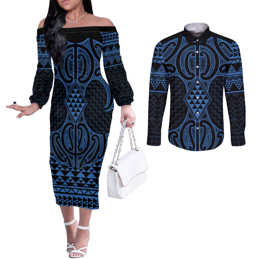 Kikorangi Maori Ta Moko Poutama Art Couples Matching Off The Shoulder Long Sleeve Dress and Long Sleeve Button Shirt LT9 Blue - Polynesian Pride