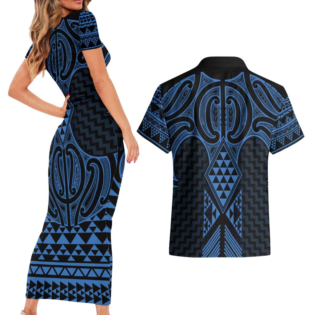Kikorangi Maori Ta Moko Poutama Art Couples Matching Short Sleeve Bodycon Dress and Hawaiian Shirt