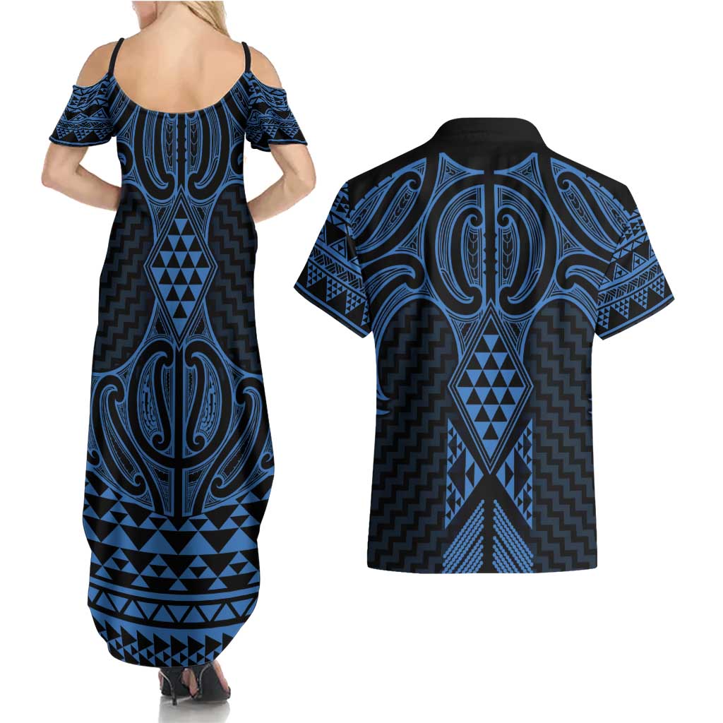 Kikorangi Maori Ta Moko Poutama Art Couples Matching Summer Maxi Dress and Hawaiian Shirt LT9 - Polynesian Pride