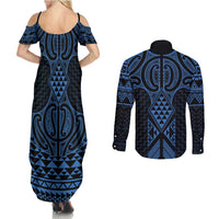 Kikorangi Maori Ta Moko Poutama Art Couples Matching Summer Maxi Dress and Long Sleeve Button Shirt LT9 - Polynesian Pride
