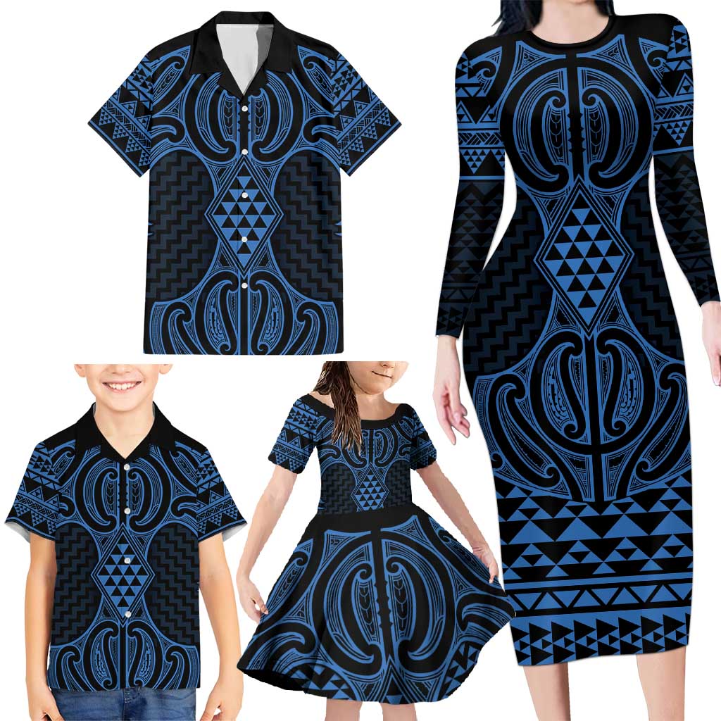 Kikorangi Maori Ta Moko Poutama Art Family Matching Long Sleeve Bodycon Dress and Hawaiian Shirt LT9 - Polynesian Pride