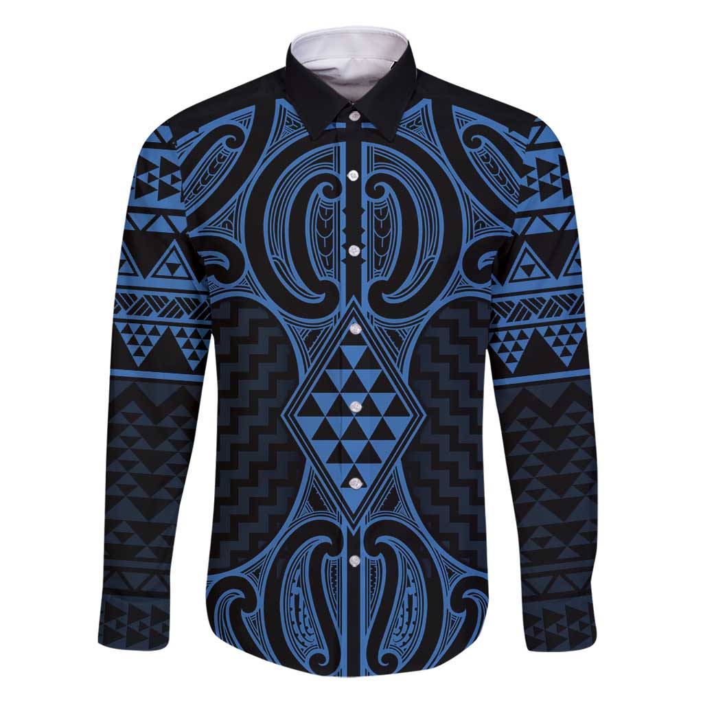 Kikorangi Maori Ta Moko Poutama Art Family Matching Long Sleeve Bodycon Dress and Hawaiian Shirt LT9 Dad's Shirt - Long Sleeve Blue - Polynesian Pride