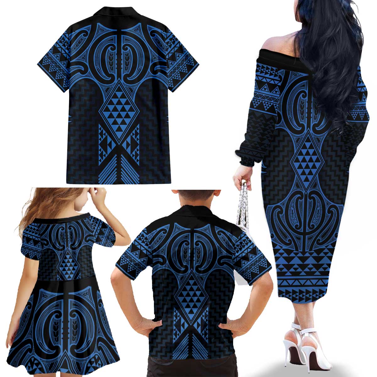 Kikorangi Maori Ta Moko Poutama Art Family Matching Off The Shoulder Long Sleeve Dress and Hawaiian Shirt