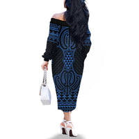 Kikorangi Maori Ta Moko Poutama Art Family Matching Off The Shoulder Long Sleeve Dress and Hawaiian Shirt