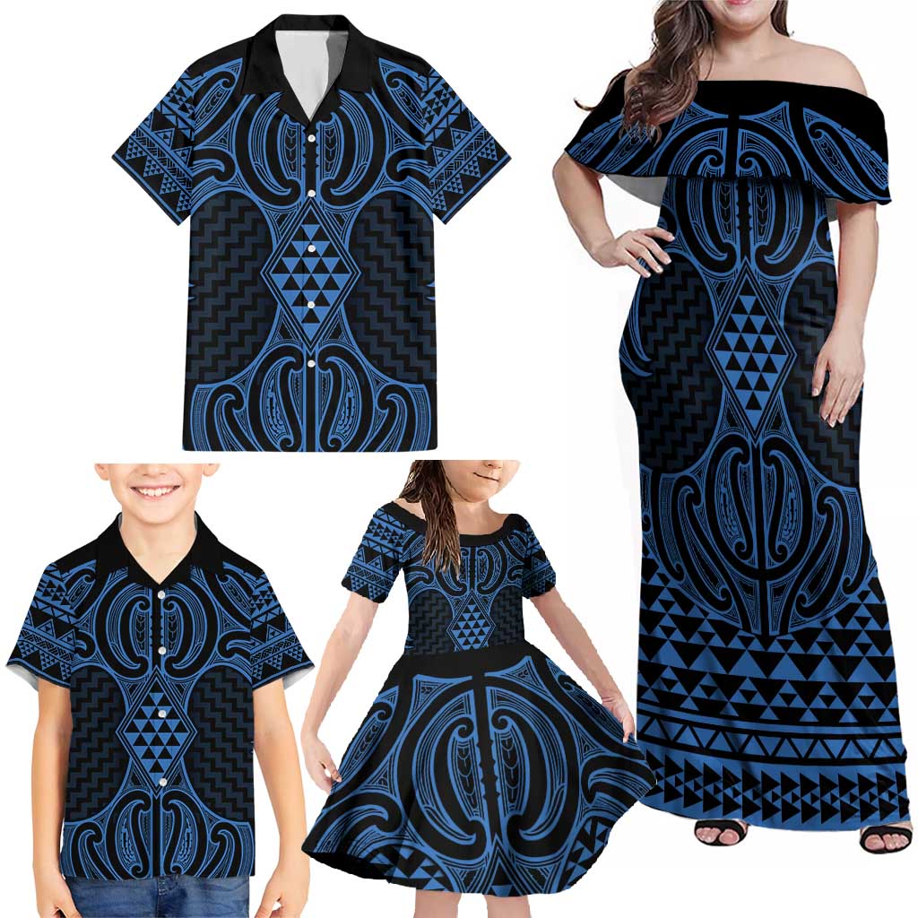 Kikorangi Maori Ta Moko Poutama Art Family Matching Off Shoulder Maxi Dress and Hawaiian Shirt