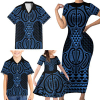Kikorangi Maori Ta Moko Poutama Art Family Matching Short Sleeve Bodycon Dress and Hawaiian Shirt LT9 - Polynesian Pride