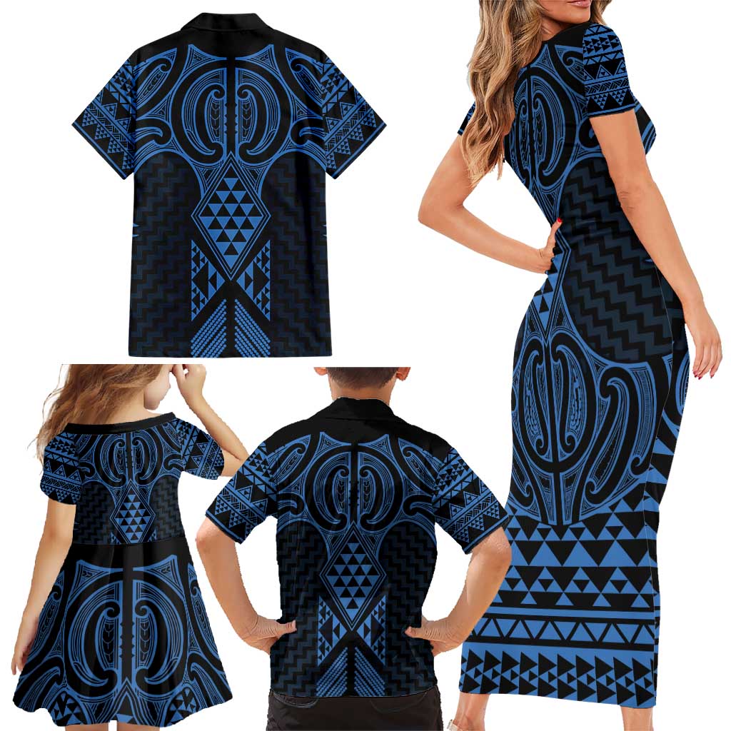 Kikorangi Maori Ta Moko Poutama Art Family Matching Short Sleeve Bodycon Dress and Hawaiian Shirt LT9 - Polynesian Pride