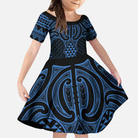Kikorangi Maori Ta Moko Poutama Art Family Matching Tank Maxi Dress and Hawaiian Shirt LT9 Daughter's Dress Blue - Polynesian Pride