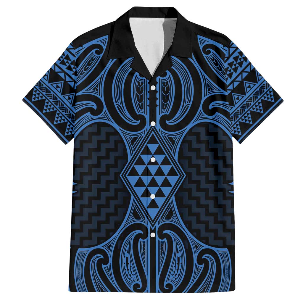 Kikorangi Maori Ta Moko Poutama Art Family Matching Tank Maxi Dress and Hawaiian Shirt LT9 Dad's Shirt - Short Sleeve Blue - Polynesian Pride