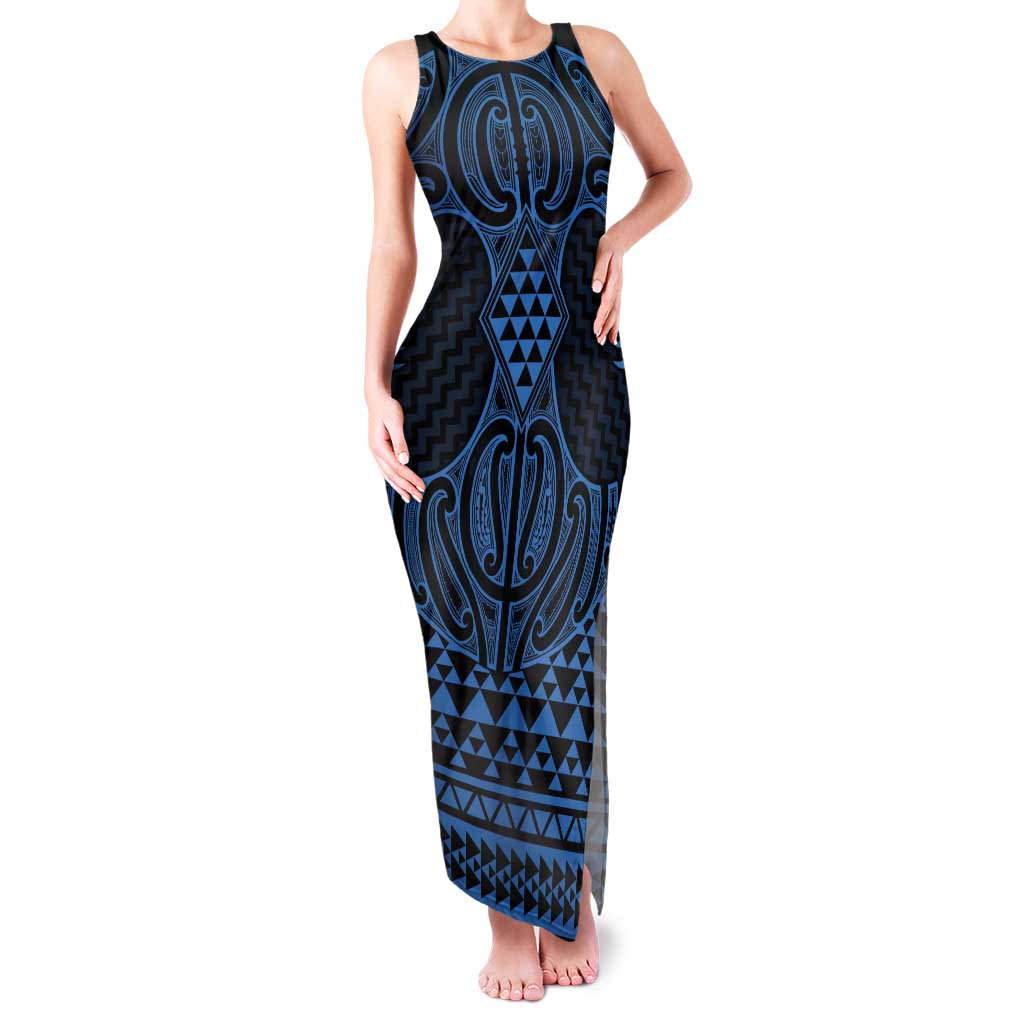 Kikorangi Maori Ta Moko Poutama Art Family Matching Tank Maxi Dress and Hawaiian Shirt LT9 Mom's Dress Blue - Polynesian Pride