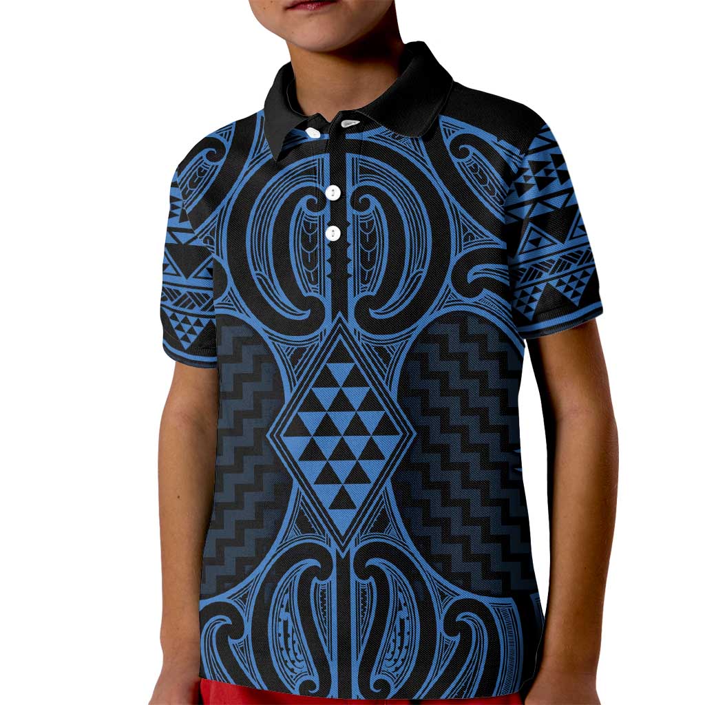 Kikorangi Maori Ta Moko Poutama Art Kid Polo Shirt LT9 Kid Blue - Polynesian Pride