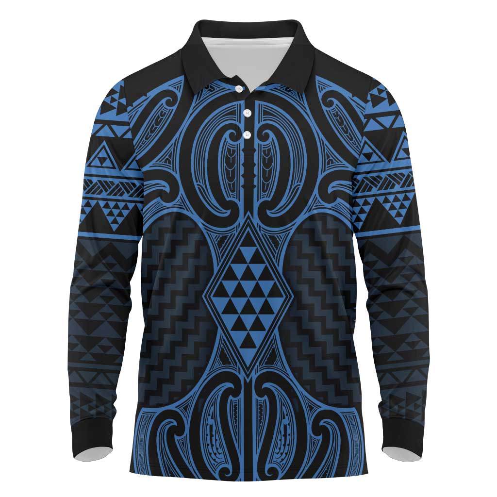 Kikorangi Maori Ta Moko Poutama Art Long Sleeve Polo Shirt