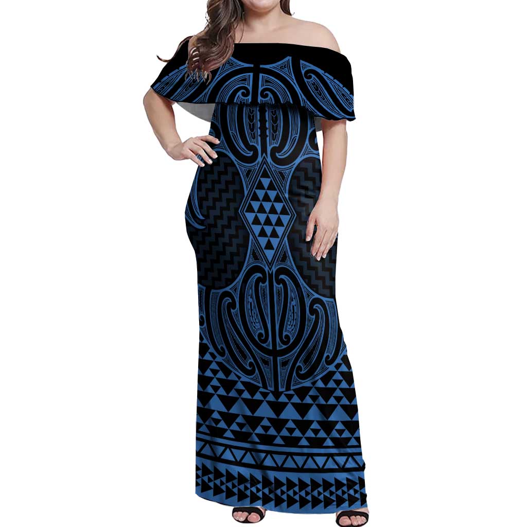 Kikorangi Maori Ta Moko Poutama Art Off Shoulder Maxi Dress