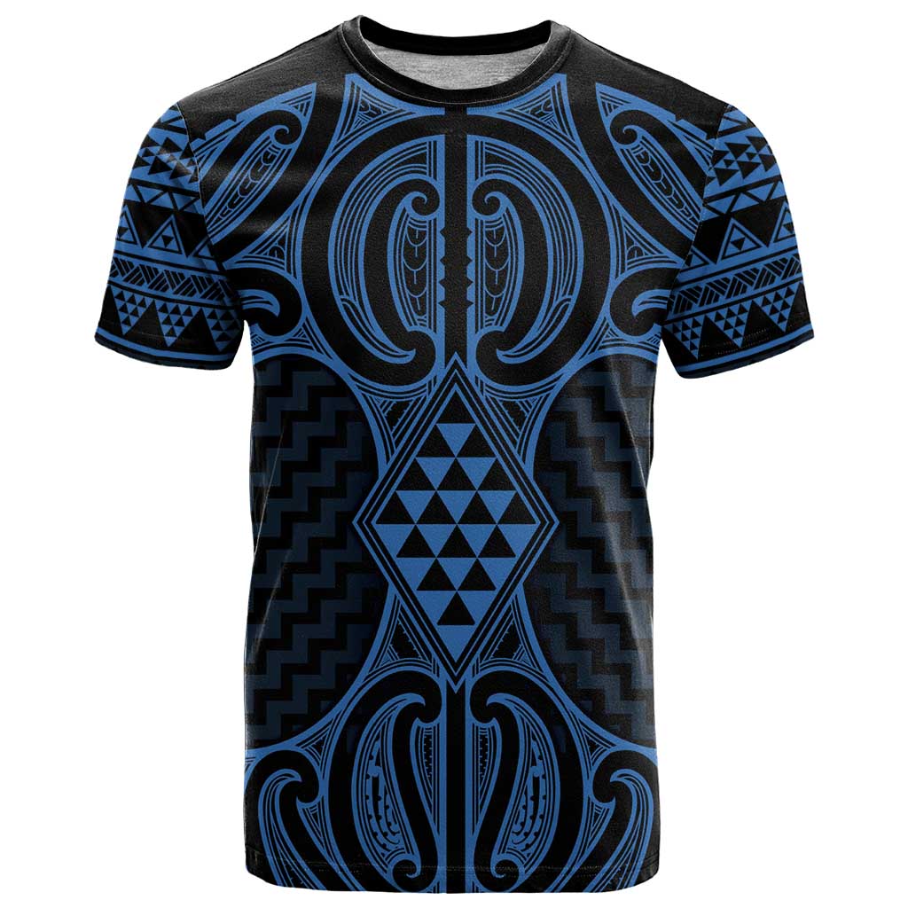 Kikorangi Maori Ta Moko Poutama Art T Shirt LT9 Blue - Polynesian Pride