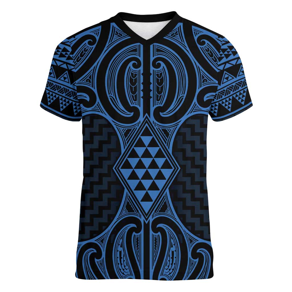 Kikorangi Maori Ta Moko Poutama Art Women V-Neck T-Shirt LT9 Female Blue - Polynesian Pride