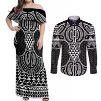 Ma Maori Ta Moko Poutama Art Couples Matching Off Shoulder Maxi Dress and Long Sleeve Button Shirt LT9 White - Polynesian Pride