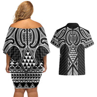 Ma Maori Ta Moko Poutama Art Couples Matching Off Shoulder Short Dress and Hawaiian Shirt LT9 - Polynesian Pride
