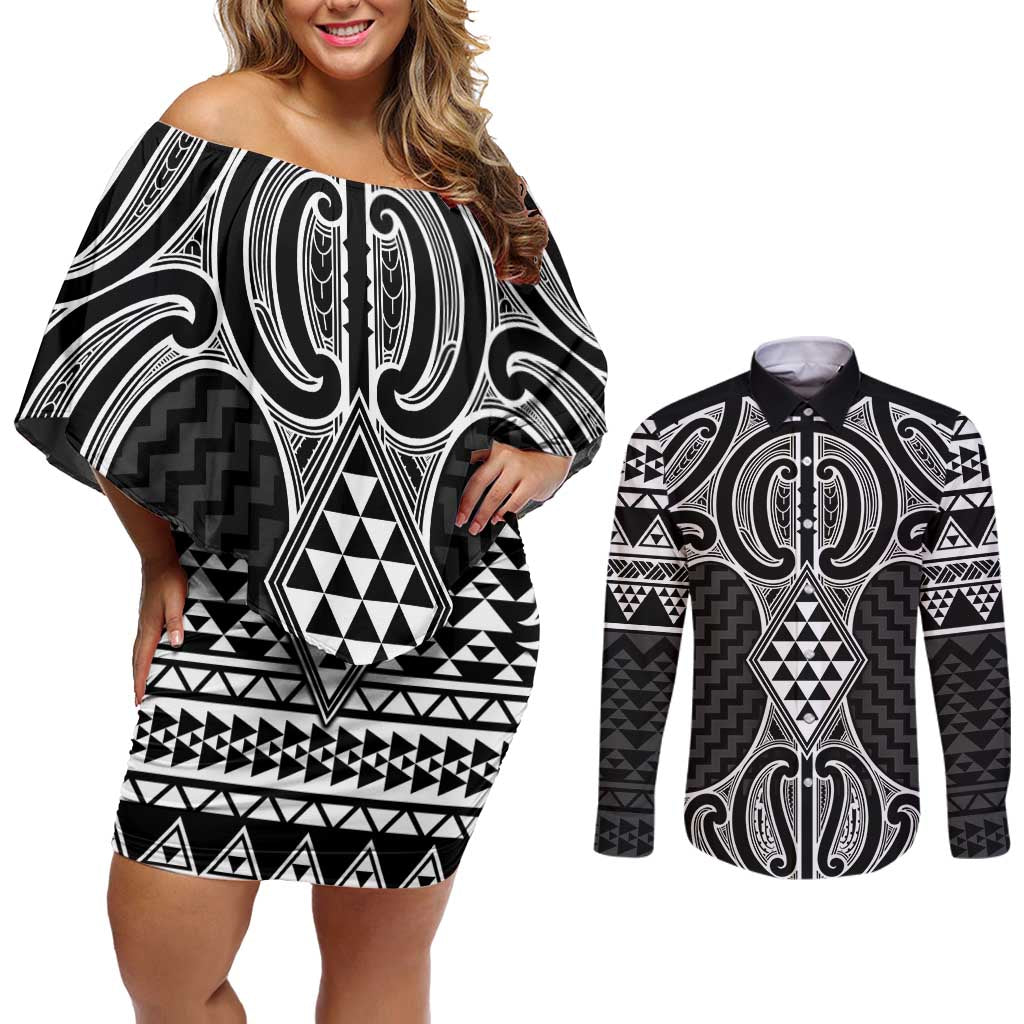 Ma Maori Ta Moko Poutama Art Couples Matching Off Shoulder Short Dress and Long Sleeve Button Shirt LT9 White - Polynesian Pride