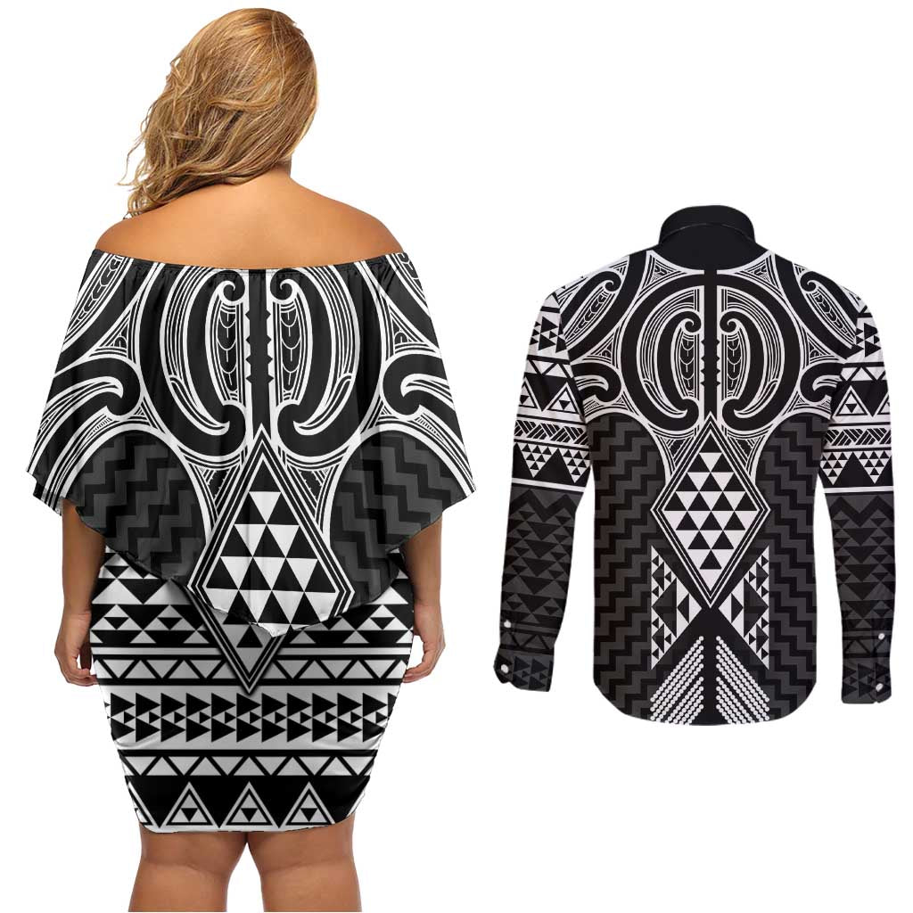 Ma Maori Ta Moko Poutama Art Couples Matching Off Shoulder Short Dress and Long Sleeve Button Shirt LT9 - Polynesian Pride